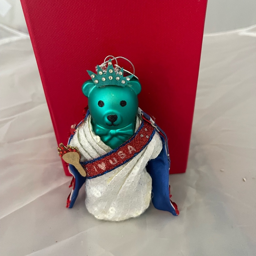 Elegant Teal Bear Ornament with Crown